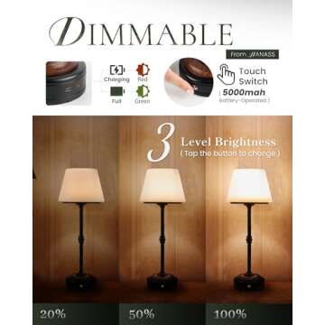 HANASS Cordless LED Table Lamp, Black Desk Lamp with Solid Wood Base, Patio Table Lamp Built-in Rechargeable Battery, 3-Level Brightness Dimmable,Wireless Bedside Night Lamp MT2315