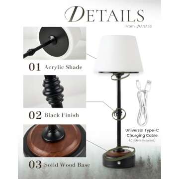 HANASS Cordless LED Table Lamp, Black Desk Lamp with Solid Wood Base, Patio Table Lamp Built-in Rechargeable Battery, 3-Level Brightness Dimmable,Wireless Bedside Night Lamp MT2315