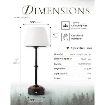 HANASS Cordless LED Table Lamp, Black Desk Lamp with Solid Wood Base, Patio Table Lamp Built-in Rechargeable Battery, 3-Level Brightness Dimmable,Wireless Bedside Night Lamp MT2315