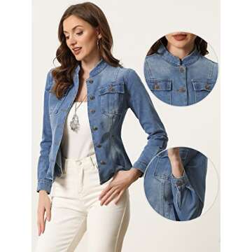 Allegra K Casual Denim Jacket for Women's Classic Stand Collar Long Sleeve Jean Jacket Large Blue