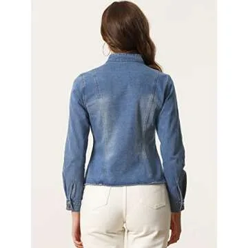 Allegra K Casual Denim Jacket for Women's Classic Stand Collar Long Sleeve Jean Jacket Large Blue