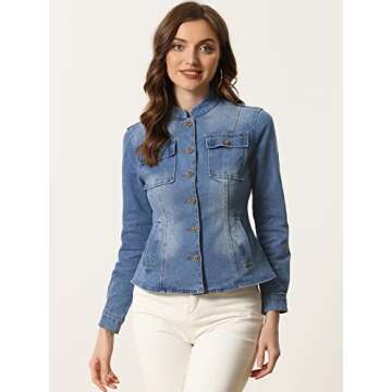Allegra K Casual Denim Jacket for Women's Classic Stand Collar Long Sleeve Jean Jacket Large Blue