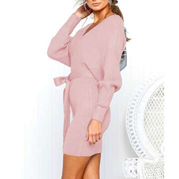 Mansy Women's Sexy Cocktail Batwing Long Sleeve Backless Mock Wrap Knit Sweater Mini Dress Pink