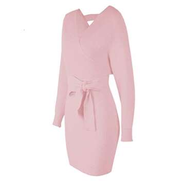 Mansy Women's Sexy Cocktail Batwing Long Sleeve Backless Mock Wrap Knit Sweater Mini Dress Pink