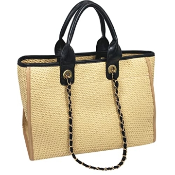 Women Handwoven Round Straw Handbag Summer Beach Tote With Removable Chain Stylish Shoulder bag Beac...