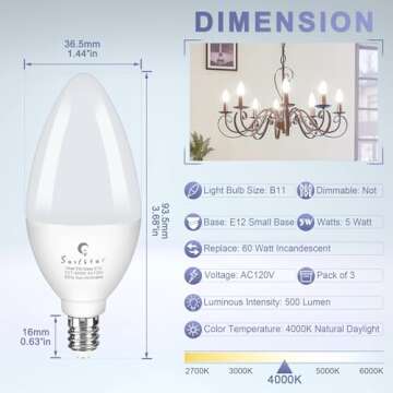 Sailstar Candelabra Light Bulbs 60 Watt Equivalent, 4000K Natural Daylight, 5W E12 Small Base Type B LED Bulbs, 500 Lumens, Chandelier Ceiling Fan Light Bulbs, CRI 85, Non-dimmable, Pack of 3