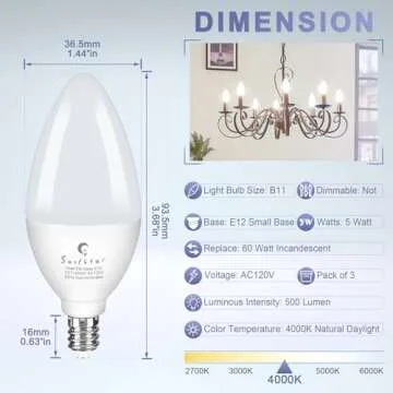Sailstar Candelabra Light Bulbs 60 Watt Equivalent, 4000K Natural Daylight, 5W E12 Small Base Type B LED Bulbs, 500 Lumens, Chandelier Ceiling Fan Light Bulbs, CRI 85, Non-dimmable, Pack of 3
