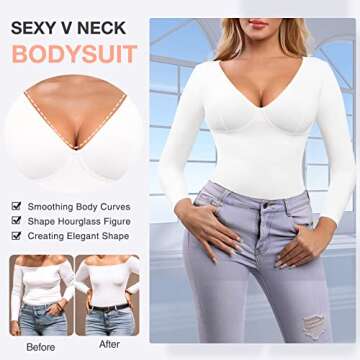 FeelinGirl Long Sleeve Compression Shapewear Body Suits Women Tummy Control Thong Shapewear V Neck White
