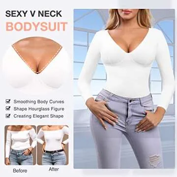 FeelinGirl Long Sleeve Compression Shapewear Body Suits Women Tummy Control Thong Shapewear V Neck White