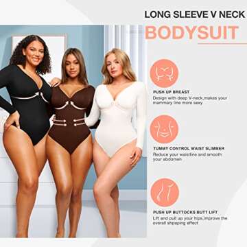 FeelinGirl Long Sleeve Compression Shapewear Body Suits Women Tummy Control Thong Shapewear V Neck White