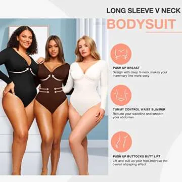 FeelinGirl Long Sleeve Compression Shapewear Body Suits Women Tummy Control Thong Shapewear V Neck White