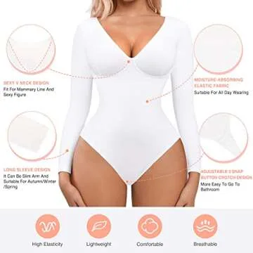 FeelinGirl Long Sleeve Compression Shapewear Body Suits Women Tummy Control Thong Shapewear V Neck White