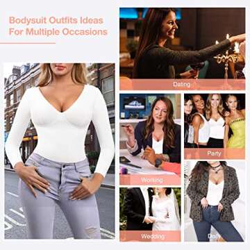 FeelinGirl Long Sleeve Compression Shapewear Body Suits Women Tummy Control Thong Shapewear V Neck White