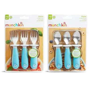 Munchkin® Raise™ Toddler Fork and Spoon Utensil Set, Rest Keeps Tip Off Table, BPA Free, 6 Pack, Blue
