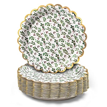 Confettiville Christmas Paper Plates - 50-Count Disposable Party Supplies, Holly Design with Gold Fo...