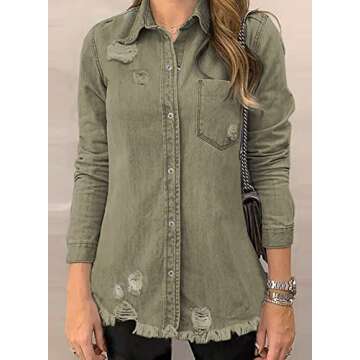Dokotoo Womens Fashion Denim Jacket Oversize Spring Summer Long Sleeve Denim Shirts Boyfriend Mid Long Shackets Classic Distressed Fray Hem Tassels Denim Jackets Coats Outwear Women's Clothing Khaki M