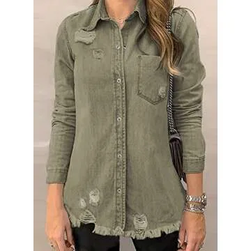 Dokotoo Womens Fashion Denim Jacket Oversize Spring Summer Long Sleeve Denim Shirts Boyfriend Mid Long Shackets Classic Distressed Fray Hem Tassels Denim Jackets Coats Outwear Women's Clothing Khaki M