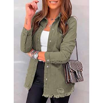 Dokotoo Womens Fashion Denim Jacket Oversize Spring Summer Long Sleeve Denim Shirts Boyfriend Mid Long Shackets Classic Distressed Fray Hem Tassels Denim Jackets Coats Outwear Women's Clothing Khaki M