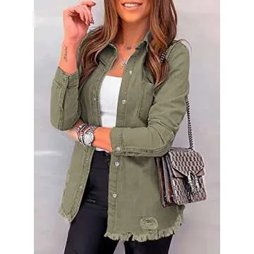Dokotoo Womens Fashion Denim Jacket Oversize Spring Summer Long Sleeve Denim Shirts Boyfriend Mid Long Shackets Classic Distressed Fray Hem Tassels Denim Jackets Coats Outwear Women's Clothing Khaki M