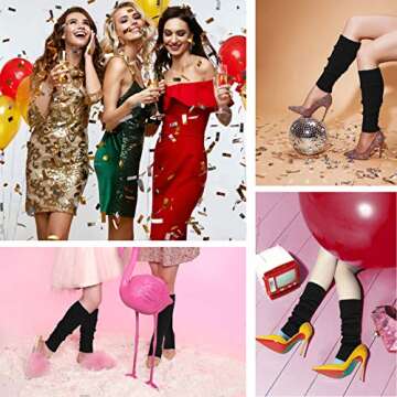 v28 Women Juniors 80s Eighty's Ribbed Leg Warmers for Party Sports (Black)