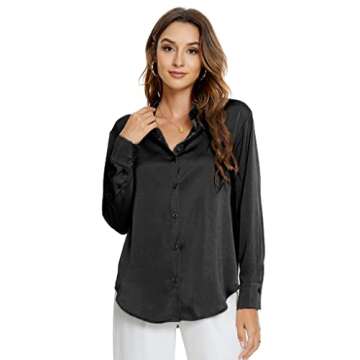 Atnlewhi Womens Long Sleeve Button Down Satin Silk Shirts Casual Business Office Work Blouses Tops Black