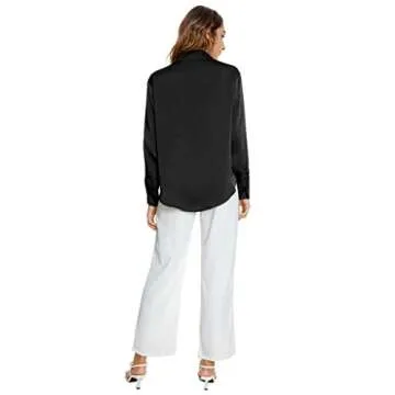 Atnlewhi Womens Long Sleeve Button Down Satin Silk Shirts Casual Business Office Work Blouses Tops Black