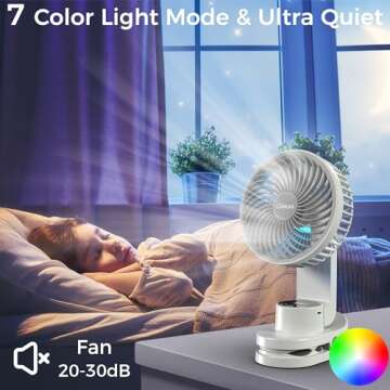 6" Clip On Fan, Rechargeable Battery Operated Fan, 9 Speed Powerful Desktop Fan with Light, Digital Display, Auto Oscillation Table Fan with Sturdy Clamp & Hooks for Home Office Outdoor Camping Travel