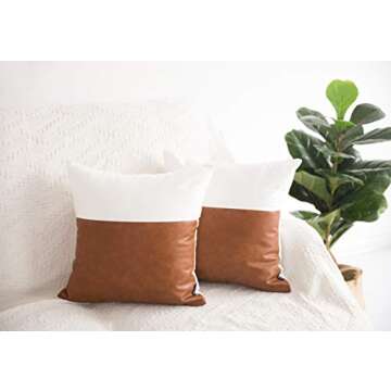 HOMFINER Faux Leather and 100% Cotton Decorative Throw Pillow Covers for Couch Bed Sofa, 18 x 18 inc...