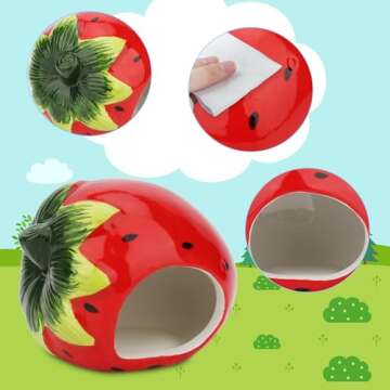 Hypeety Dwarf Hamster Hideout Adorable Cartoon Shape Hamster House Chinchilla Mini Hut Small Animal Ceramic Hideout Cave (Strawberry)
