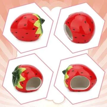 Hypeety Dwarf Hamster Hideout Adorable Cartoon Shape Hamster House Chinchilla Mini Hut Small Animal Ceramic Hideout Cave (Strawberry)