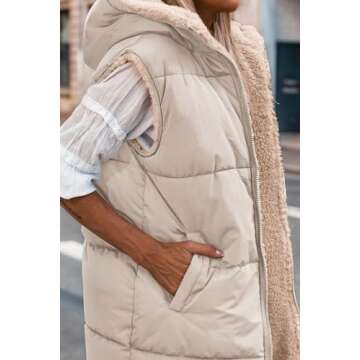 PRETTYGARDEN Womens 2024 Fall Reversible Vests Sleeveless Fleece Jacket Zip Up Hoodie Pockets Long Warm Winter Coat Outerwear (Light Khaki,Medium)