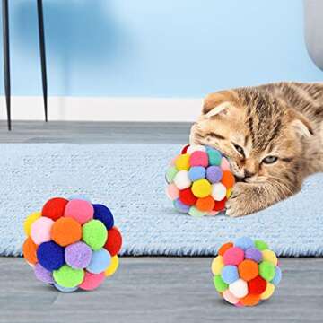 TUSATIY Cat Toy Balls with Bell 3PCS, Colorful Soft Fuzzy Balls Built-in Bell for Cats, Interactive Playing Chewing Toys for Indoor Cats and Kittens