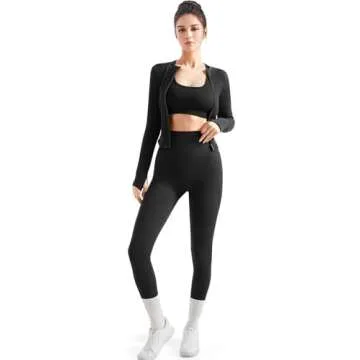 SUUKSESS Women 2 Piece Seamless Ribbed Workout Sets With Zip Up Jacket High Waisted Gym Yoga Leggings (Black,M)