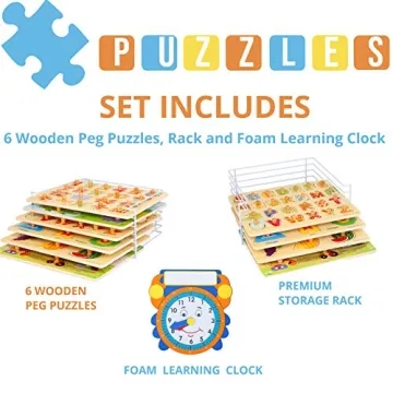 Premium Puzzles for Toddlers and Rack Set - (7 Pack) Includes 1 Learning Clock - 6 Alphabet, Numbers, Shapes, Animals, Cars, Fruits Puzzles