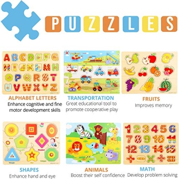 Premium Puzzles for Toddlers and Rack Set - (7 Pack) Includes 1 Learning Clock - 6 Alphabet, Numbers, Shapes, Animals, Cars, Fruits Puzzles