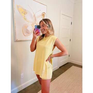 SeekMe Womens Summer Knit Sweater Set Sleeveless Tunic Top Matching Shorts 2 Piece Outfits Trendy Be...