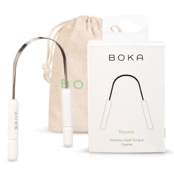 Boka Tongue Scraper for Adults & Kids with Case - Stainless Steel Tongue Cleaner w/Linen Travel Pouch - Stocking stuffers, Scrubber to Remove Tongue Buildup and Freshen Breath (Pack of 1)