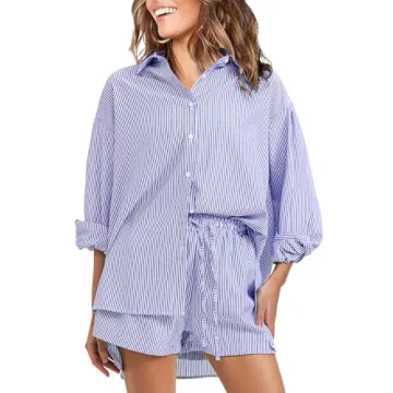 EXLURA Women's Summer 2 Piece Sets Long Sleeve Button Down Shirts Matching Short Sets Oversized Spri...
