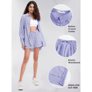EXLURA Women's Summer 2 Piece Sets Long Sleeve Button Down Shirts Matching Short Sets Oversized Spring Vacation Outfits 2025