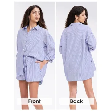 EXLURA Women's Summer 2 Piece Sets Long Sleeve Button Down Shirts Matching Short Sets Oversized Spring Vacation Outfits 2025