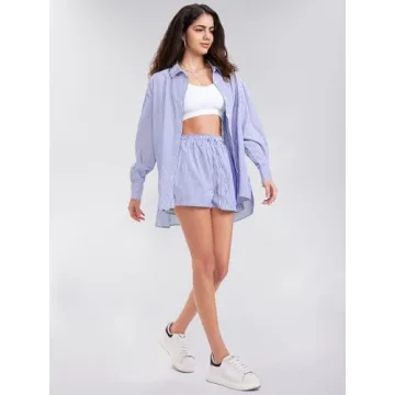 EXLURA Women's Summer 2 Piece Sets Long Sleeve Button Down Shirts Matching Short Sets Oversized Spring Vacation Outfits 2025