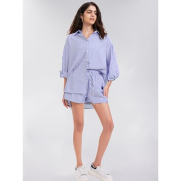 EXLURA Women's Summer 2 Piece Sets Long Sleeve Button Down Shirts Matching Short Sets Oversized Spring Vacation Outfits 2025