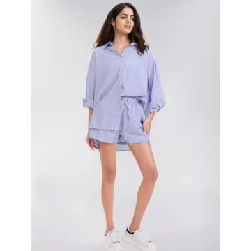 EXLURA Women's Summer 2 Piece Sets Long Sleeve Button Down Shirts Matching Short Sets Oversized Spring Vacation Outfits 2025