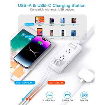 Flat Plug Power Strip, Ultra Thin Extension Cord, 6 Outlets 3 USB Ports(2 USB C), 5ft Multiple Outlet Extender with Wall Mount No Surge Protector for Dorm Room, Cruise, Travel Essentials