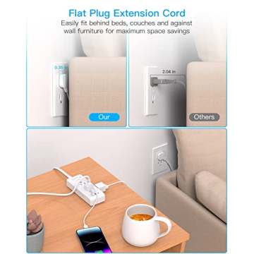 Flat Plug Power Strip, Ultra Thin Extension Cord, 6 Outlets 3 USB Ports(2 USB C), 5ft Multiple Outlet Extender with Wall Mount No Surge Protector for Dorm Room, Cruise, Travel Essentials