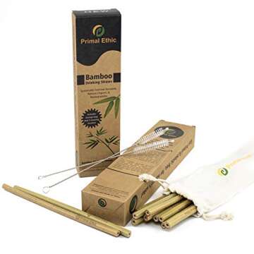 Reusable Bamboo Drinking Straws by Primal Ethic – Plastic Straw Alternative – Organic, Biodegradable – With 2 Cleaning Brushes & Storage Bag – 8 or 9.5 Inch - Variable Quantities