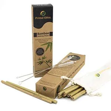 Reusable Bamboo Drinking Straws by Primal Ethic – Plastic Straw Alternative – Organic, Biodegradable – With 2 Cleaning Brushes & Storage Bag – 8 or 9.5 Inch - Variable Quantities