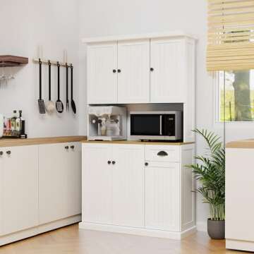 RASOO 71" Pantry Cabinet Kitchen Hutch Buffet Sideboard Oven Countertop Storage Microwave Cabinet with 3 Doors Upstairs and 3 Doors downstairs and 1 Drawer, White