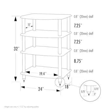 Pangea Audio Vulcan Four Shelf Audio Rack, Media Stand, and Components Cabinet 4 Shelf Natural Parawood with Silver Posts