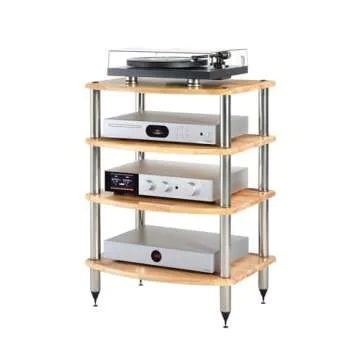 Pangea Audio Vulcan Four Shelf Audio Rack, Media Stand, and Components Cabinet 4 Shelf Natural Parawood with Silver Posts
